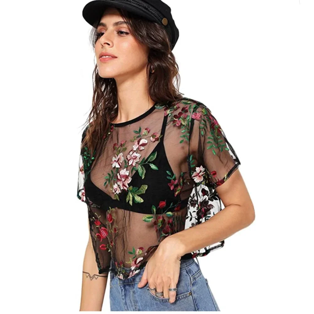 Black Floral Rose Embroidered Transparent Mesh Short Sleeve Crop Top - Picture 3 of 6